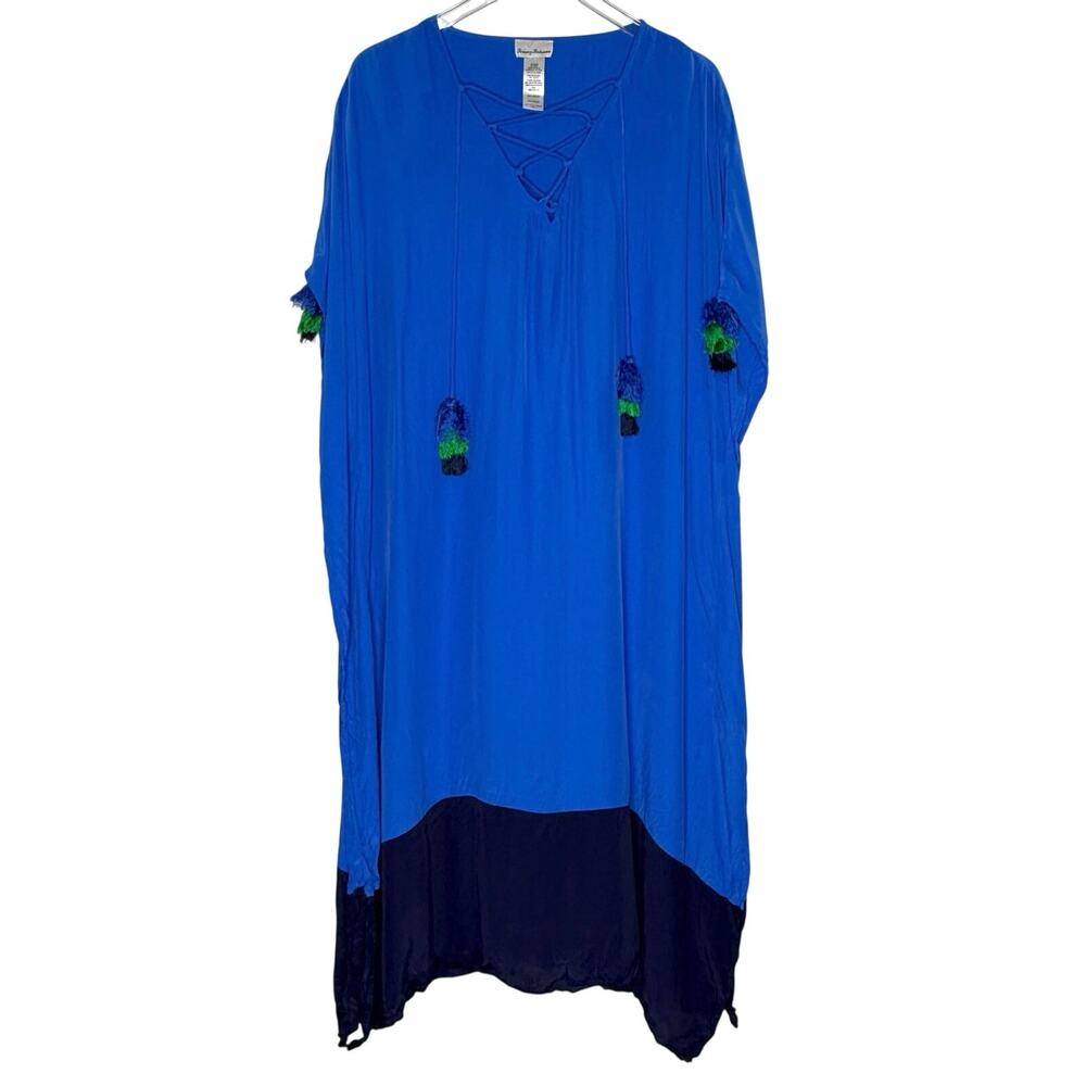 Tommy Bahama Colorblock V Neck Caftan Coverup Dress XL Bright Blue Resort Travel